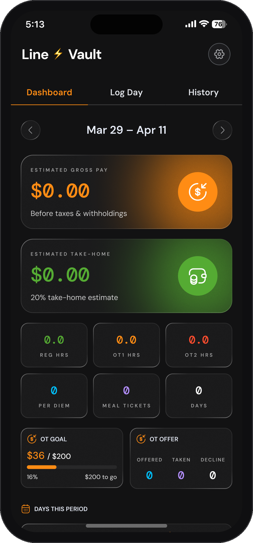 The LineVault dashboard on a phone, showing estimated gross pay and take-home