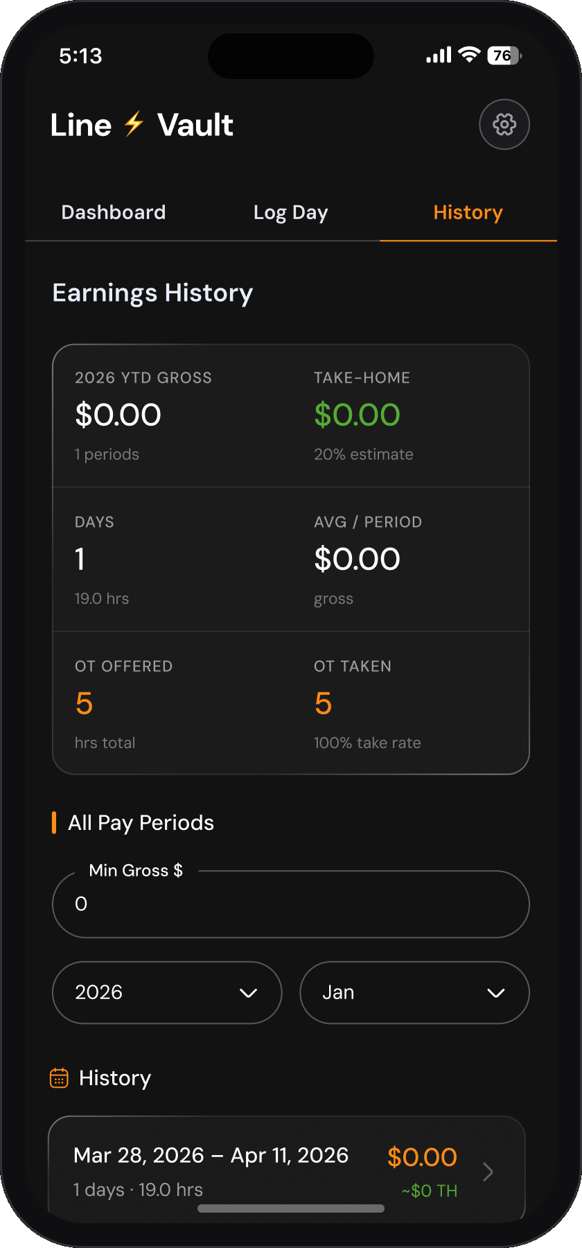Earnings history on a phone, with year-to-date totals and past pay periods