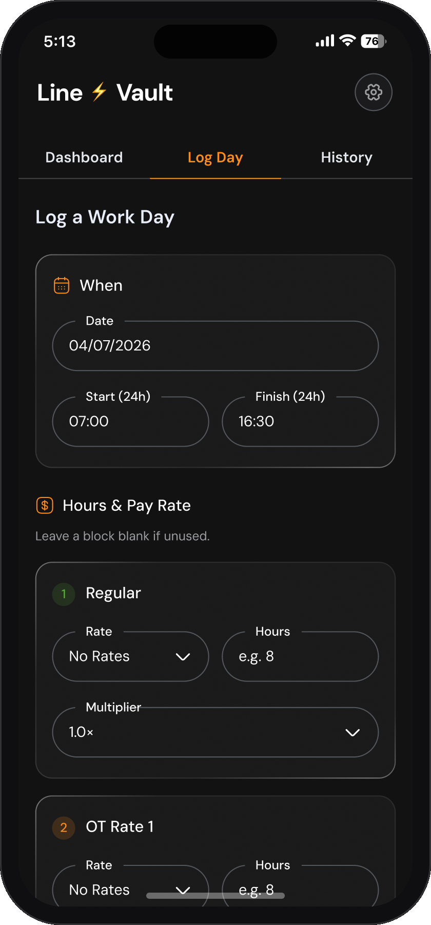 Logging a work day on a phone, with date, hours and pay rate fields